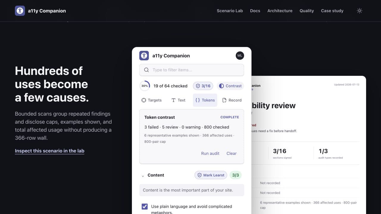 a11y Companion browser demonstration showing token contrast audit results alongside the Canvas Record.