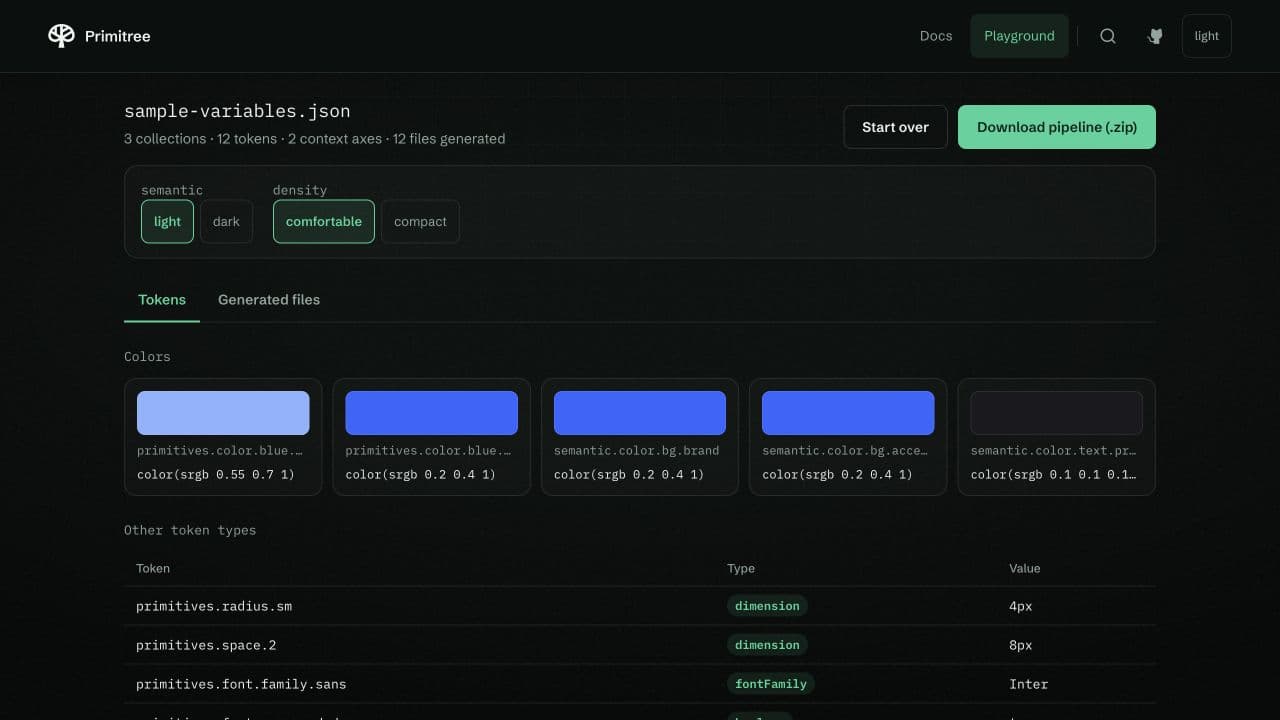 Primitree Playground displaying token collections and configuration.